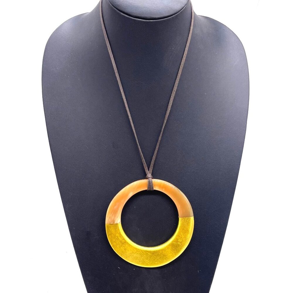 Yellow Circle Round Horn Pendant Brown Cord Necklace Adjustable